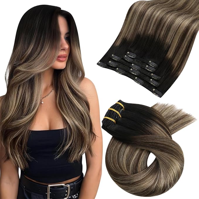 Moresoo Black to Blonde Ombre Clip in Hair Extensions Real Human Hair Long Human Hair Clip in Extensions Natural Black to Dark Golden Blonde with Dark Brown Remy Double Weft 80g/5pcs 22 inch