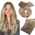 Moresoo Seamless Clip in Hair Extensions Human Hair Ombre Light Brown Mixed Golden Blonde Balayage Human Hair Seamless Clip in Extensions PU Weft 7pcs/120g 16inch