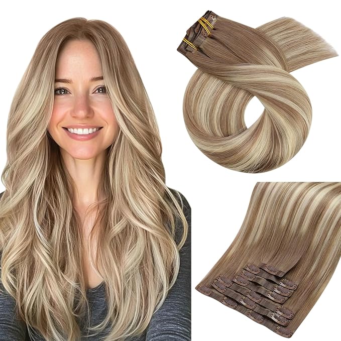 Moresoo Seamless Human Hair Clip in Extensions Ombre Seamless Clip in Human Hair Extensions Balayage Light Brown Mixed Golden Blonde 7pcs/120g 14inch