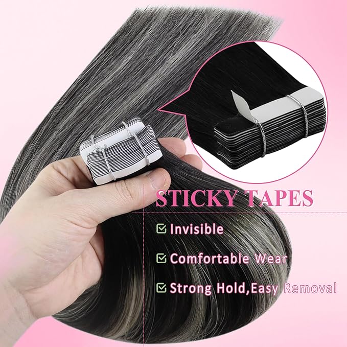 YoungSee Invisible Tape in Hair Extensions Real Human Hair Ombre Black Tape-in Remy Hair Extensions Blend Of Black and Silver Tape on Ombre Hair Extension for Long Straight Hair 24 Inch 50g 20pcs