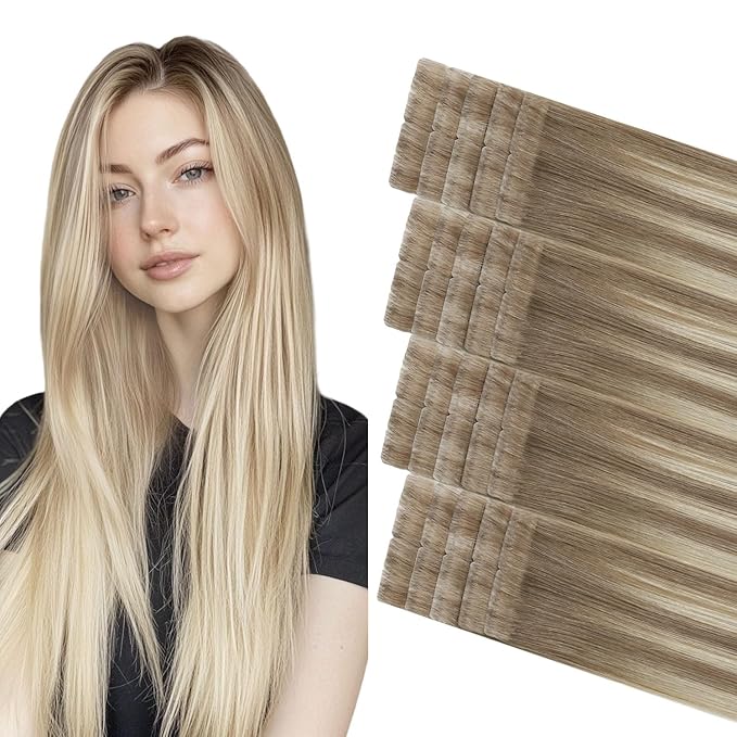 COOKAYU Invisi Edge Tape in Hair Extensions Human Hair, Ash Brown to Platinum Blonde 18Inch 20pcs 40g Straight Remy Seamless Injected Tape in extensions