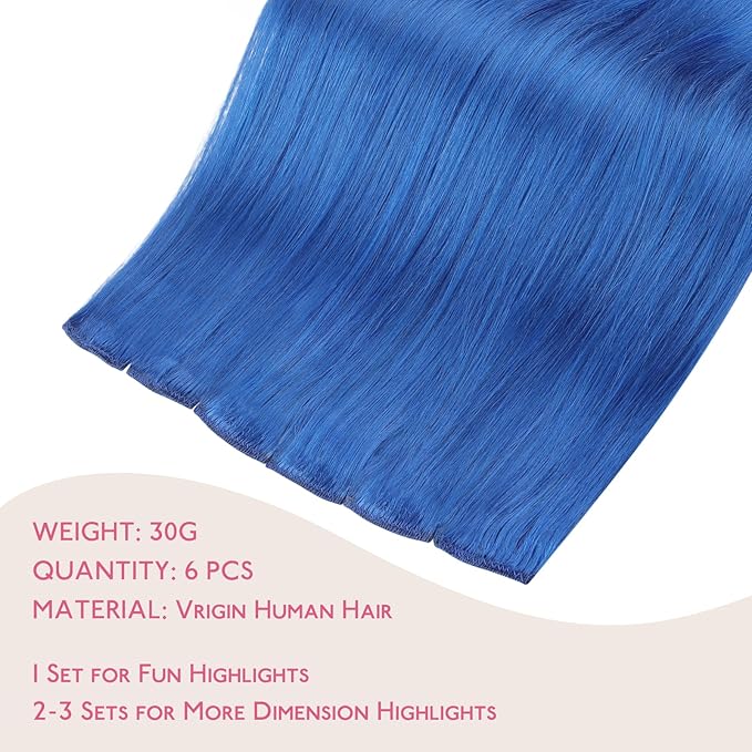 WENNALIFE Blue Clip in Hair Extensions Real Human Hair 35g 6pcs 20 Inch Colored Hair Extensions for Kids Women Colorful Hair Pieces Pop-up Style Straight Extensiones De Cabello Humano Con Clip