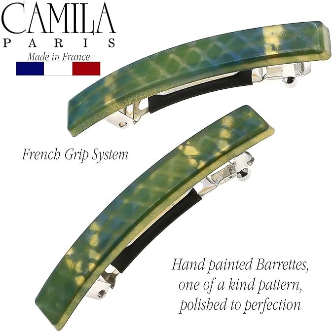 Camila Paris CP3032 French Hair Barrette Clip for Girls, Set of 2 Green Rubberized Metal Clasp Strong Hold Grip Hair Clips for Women, No Slip Durable Styling Girls Hair Accessories, Made in France