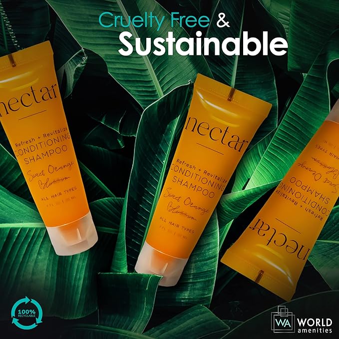World Amenities - Nectar Bulk 2-in-1 Conditioning Shampoo | 50 Count | Sweet Orange Blossom, Mini Travel Size Toiletries (100% Recyclable Tube with Flip Top Cap) Hotel Amenities, for All Hair Types