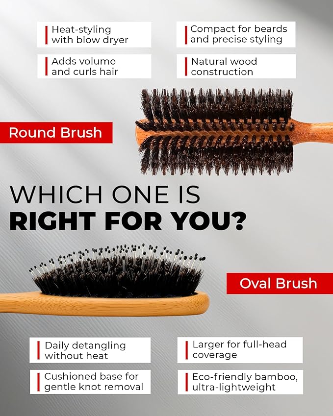 Bossman Men's Boar and Nylon Bristle Hair and Beard Brush - Detangling & Straightening Wooden Oval Wet Brush - Ergonomic Bamboo Design