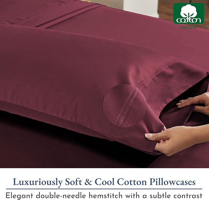 California Design Den King Size Pillows Cases Set of 2 - Luxuriously Soft and Thick 800 Thread Count, Smooth Sateen, Natural 100% Cotton King Pillowcase Pair, Durable - Red Wine