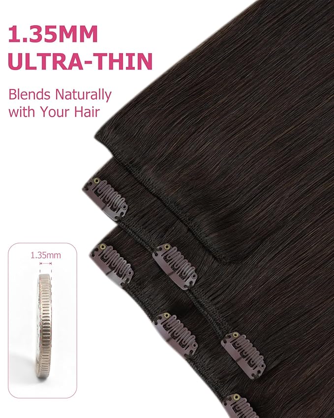 YoungSee Clip in Hair Extensions Real Human Hair Brown Straight Hair Extensions Clip ins Darkest Brown Human Hair Clip ins for Women 16In 120G 7Pcs
