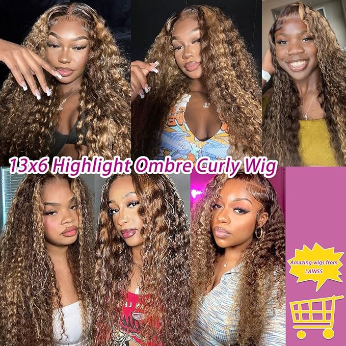 32inch Highlight Curly Lace Front Wigs Human Hair 13x6 Ombre Deep Wave Lace Front Wig Human Hair Pre Plucked P4/27 210% Density HD Lace Frontal Curly Human Hair Wig for Women