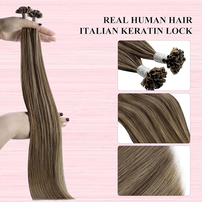 YoungSee U Tip Hair Extensions Human Hair Brown with Blonde Highlight Utip Hair Extensions Human Hair Brown Ktip Human Hair Extension Highlight Hair Extension U Tip for Women 14In 1G/S 50G