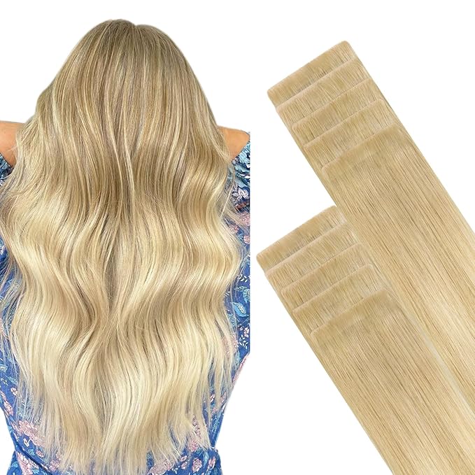 GOO GOO Invisi Edge Tape in Hair Extensions Human Hair, 18AT60A Pearl Ash Blonde Highlights, 10pcs 24inch 30g, Virgin Remy Hair, Seamless Injected Tape, Natural Look