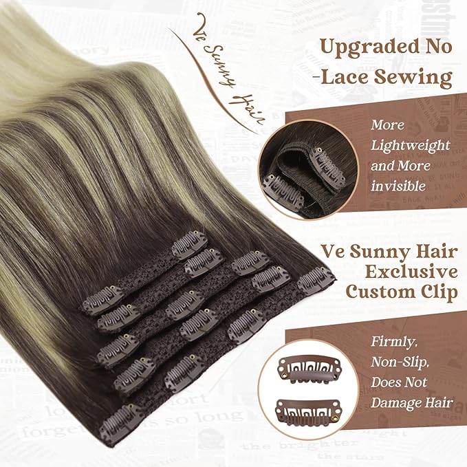 Ve Sunny Clip in Hair Extensions, Human Hair Clip in Extensions, Clip on Hair Extensions for Women, Dark Brown Ombre Golden Blonde Mix Platinum Blonde Straight Hair Extensions 7pcs 24inch 120g