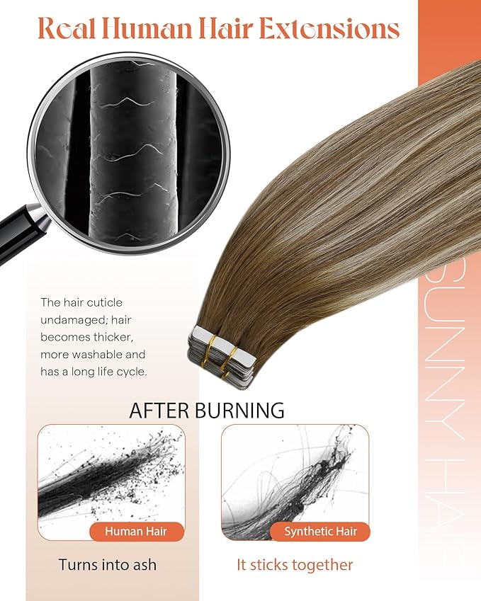 Sunny Hair Tape in Hair Extensions Real Human Hair Invisible Remy Hair Extensions Tape ins for Women Medium Brown Root to Platinum Blonde Balayage 24 inch 20Pcs 50G