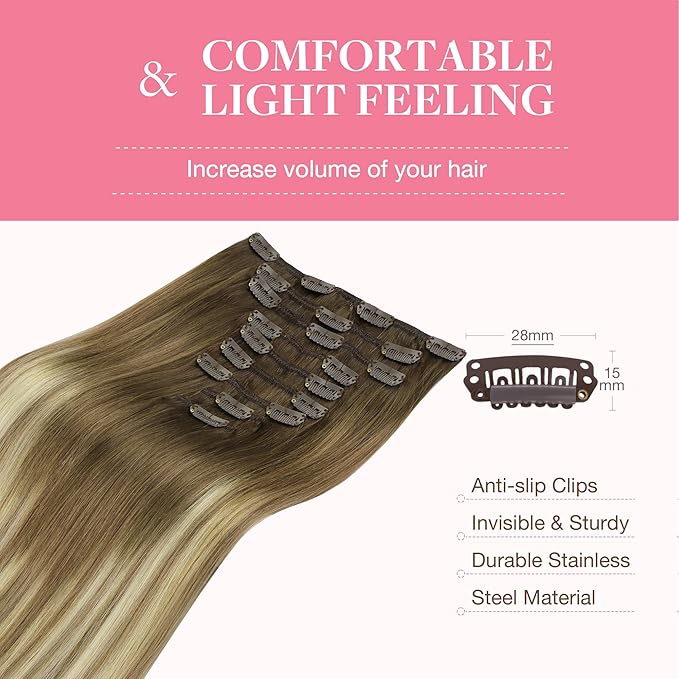 GOO GOO Clip in Hair Extensions Real Human Hair, Remy Human Hair Extensions Clip ins for Women, Natural Human Hair, 24inch 150g 9Pcs, #3/8/613 Balayage Walnut Brown to Ash Brown and Bleach Blonde