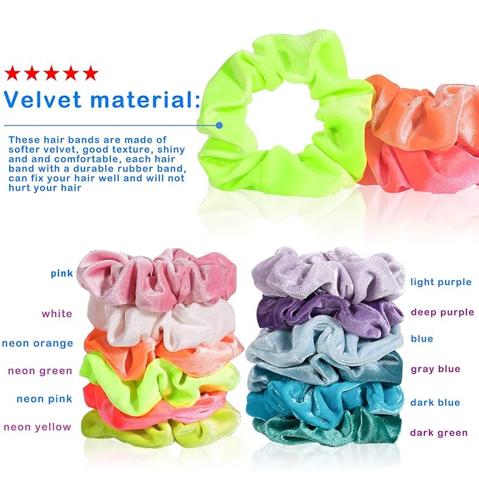 Whaline Neon Scrunchies Summer Velvet Hair Bobble Elastics Hair Bands Soft Hair Ties for Girls, Women (Neon color)