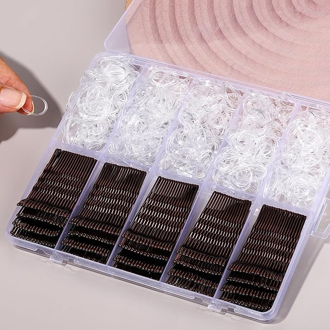 YGDZ 750 Count Bobby Pins Brown Kit, 250 PCS Mini Hair Pins for Styling, 2 Inch Bobby Pins for Women, Kids, Girls, 500 PCS Clear Elastic Hair Ties with Storage Box, Hair Accessories for Brown Hair