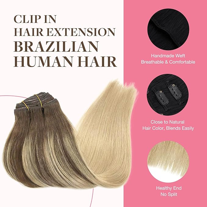 GOO GOO Clip in Hair Extensions Real Human Hair, Remy Human Hair Extensions Clip ins for Women, Natural Human Hair, 14inch 150g 9Pcs, 4/18 Balayage Chocolate Brown Highlighted Dirty Blonde