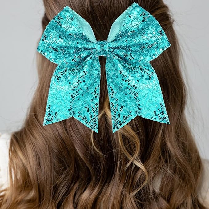 Large Glitter Cheer Bows Clips, Jumbo Big 7 Inch Cheerleading Sequin Hair Bow Hair Accessories for Teens Girls Football Sports Cheerleader Outfit Uniform (Peacock Green)