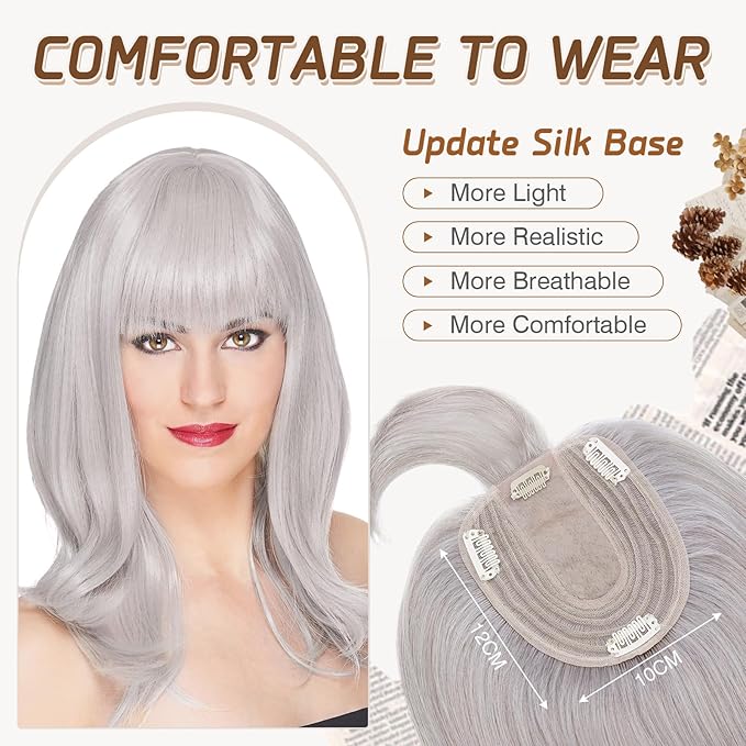Rich Choices Real Human Hair Toppers for Women With Bang 100% Remy Human Hair Topper for Thinning Hair Clip in Silk Base Hair Topper 12 Inch GREY