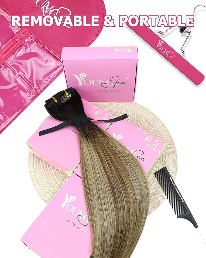 YoungSee 150g 24 inch Clip in Hair Extensions Real Human Hair Balayage Dark Brown Ombre Medium Brown with Blonde Human Hair Extensions Clip ins Balayage Clip on Hair Extensions for Women 7pcs