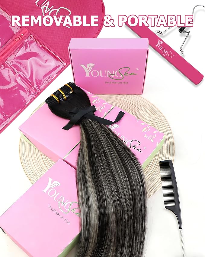 YoungSee 135G Balayage Hair Extensions Clip ins Black Silver Clip in Hair Extensions Human Hair Natural Black Mix Silver Balayage Clip on Hair Extension for Women 135G 18Inch 7Pcs
