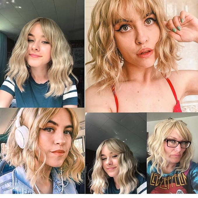 FAELBATY Blond Wig Short Bob Wigs With Air Bangs Shoulder Length Women's Wig Curly Wavy Synthetic Cosplay Wig for Girl Costume Wigs Mix Khaki Blonde Gold Color