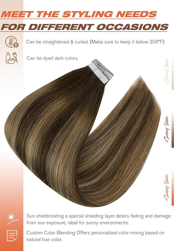 Sunny Hair Tape in Extensions for Women Real Hair 22 inch 100g Tape in Hair Extensions Human Hair Dark Brown Balayage Caramel Blonde Hair Extensions Tape in 40Pcs