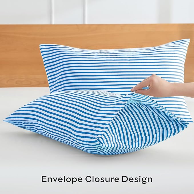 JELLYMONI 100% Natural Cotton Striped King Pillowcases Set, 2 Pack White and Blue Stripes Pattern Printed Pillow Covers with Envelope Closure(Pillows are not Included)