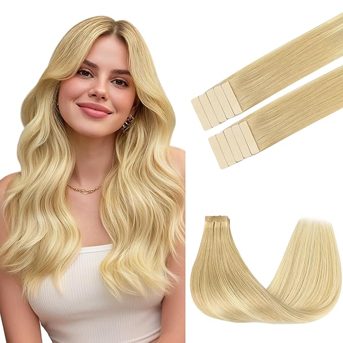GOO GOO Tape in Hair Extensions Human Hair, 18AT60A Pearl Ash Blonde Highlights, 14inch 25g 10pcs, Skin Weft Seamless Invisible, Silky Straight with Thick Ends, Remy Human Hair