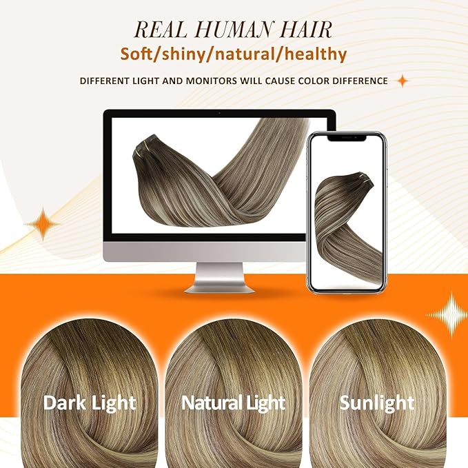 Full Shine Brown Extensions clip in Balayage Brown with Blonde Seamless Hair Extension Short 12 Inch Hair Extensions Clip in Human Hair for Women 12 Inch 95 Grams 8 PCS