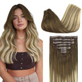 GOO GOO Clip in Hair Extensions Real Human Hair, Remy Human Hair Extensions Clip ins for Women, Natural Human Hair, 20inch 110g 7Pcs, 3/8/613 Balayage Walnut Brown to Ash Brown and Bleach Blonde