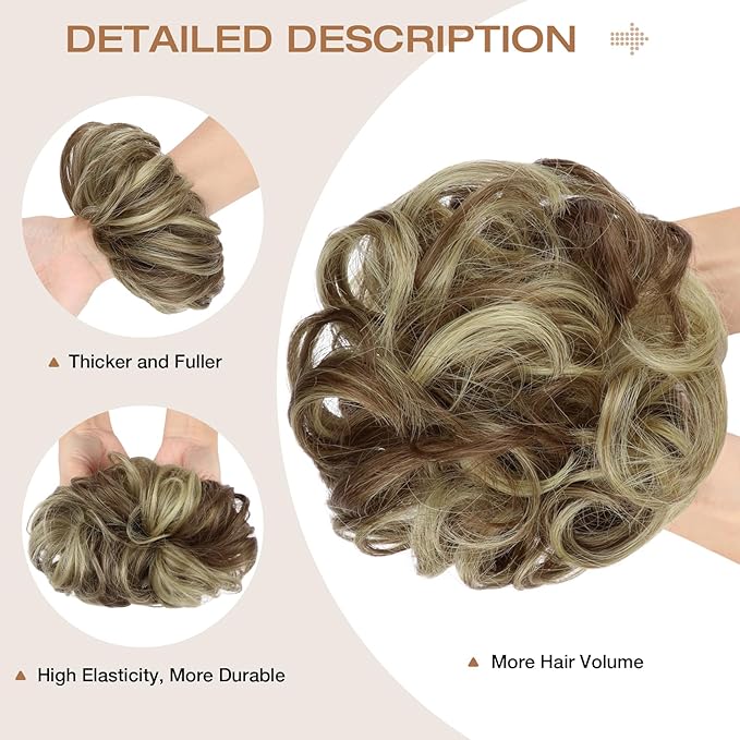 Messy Bun Hair Piece Wavy Curly Scrunchies Fluffy Donut Thick Updo Elegant Chignon Hairpieces for Women Girls, Blonde Mix Light Brown 1.4oz