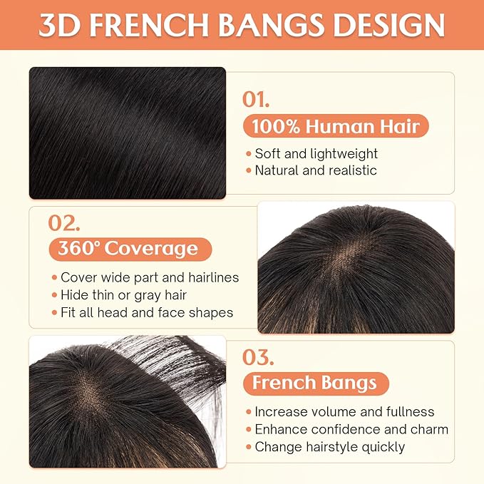 Benehair Clip in Bangs 100% Real Human Hair Extensions 360° Cover Clip on 3D Wispy Bangs for Women Topper Hairpieces for Women Natural Black