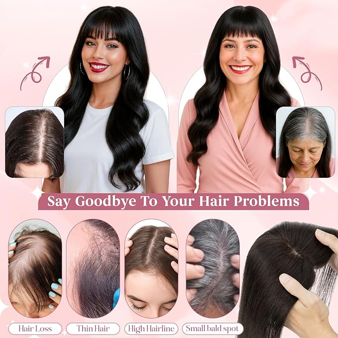 Real Human Hair Toppers for Women 3.54"*4.72" Silky Base 150% Density With Bangs Adjustable Parting Clip-In Topper Hairpieces for Women with Thinning Hair 10 Inches Medium Brown