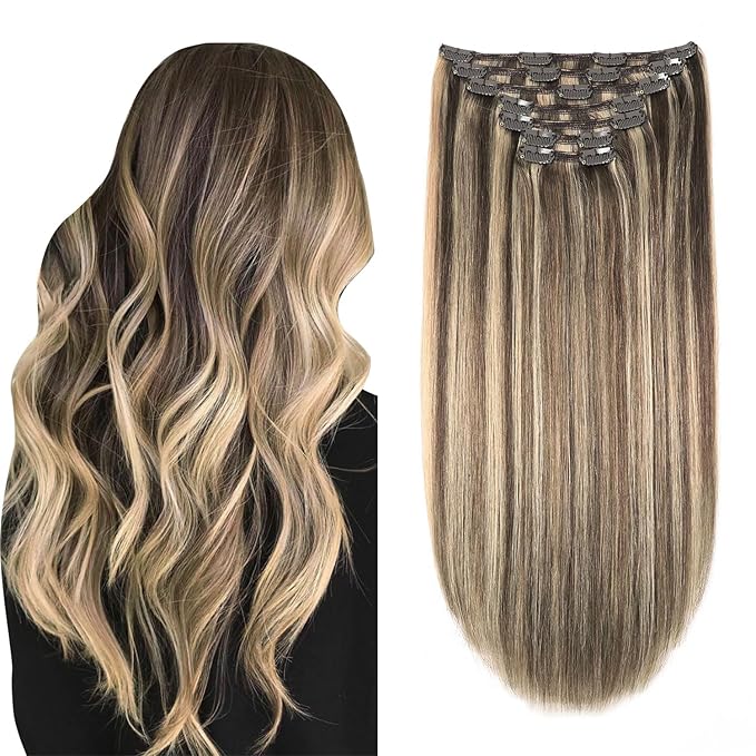 XDhair Hair Extensions Clip in Human Hair,7pcs Chocolate Brown to Caramel Blond Clip in Hair Extensions for Women 16 Inch 140g #4p27