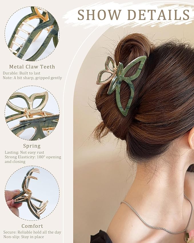 ACECHA 2 Pack Gold Metal Bow Hair Claw Clips for Women, Large Non-slip Butterfly Hairclips for Thin Thick Hair Claws Strong Hold Styling (Green)
