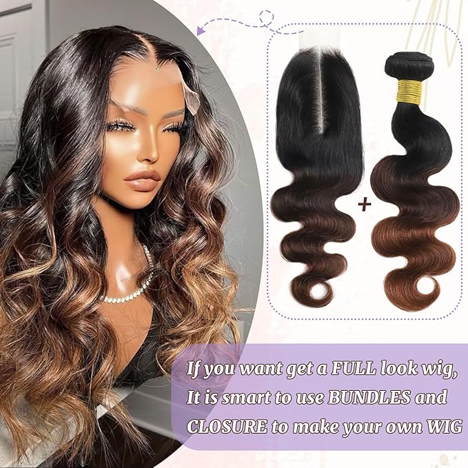 T1B/2/30 Chestnut Brown Ombre Human Hair Bundles Body Wave 20 22 24 Inch 100% Real Virgin Human Hair Bundles Dark Roots Bundle 3 Tone Ombre Medium Auburn Colored Sew in Quick Weaves