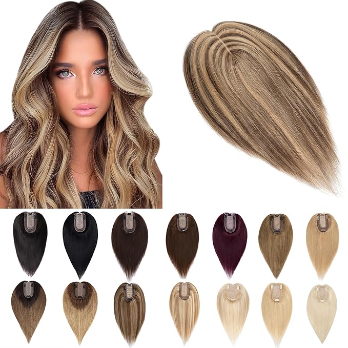 SEGO Human Hair Toppers for Women With Thinning Hair, 7 * 13CM Silk Base 100% Real Human Hair Clip in Top Wiglet Hairpieces /8 Inch No Bangs Medium Brown&Dark Blonde