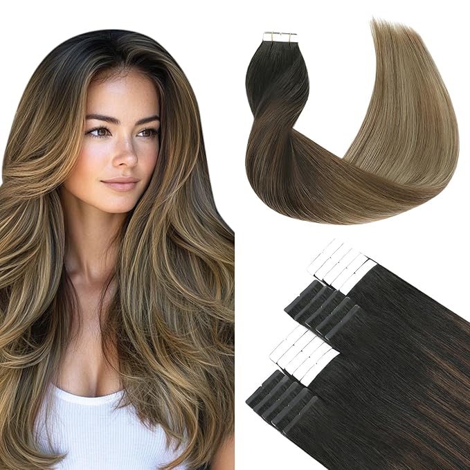 SURNEL Tape in Hair Extensions Balayage Ombre Color 1B Fading to 4 Brown Highlighted 27 Blonde Tape in Extensions Human Hair 20 inch Remy Tape Hair Extensions 20 Pcs 50g(#1B/4/27-20)