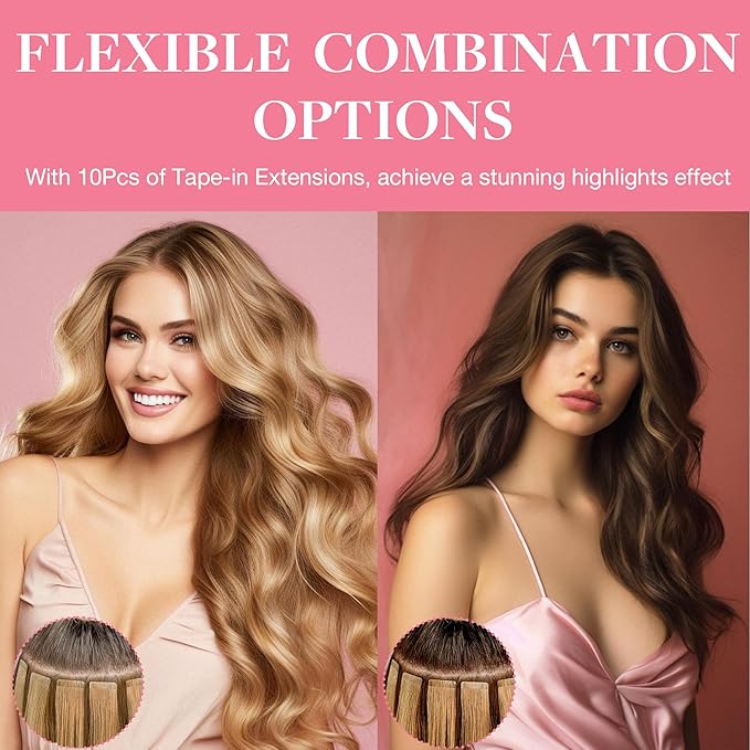 GOO GOO Tape in Hair Extensions Human Hair, 18D/22F Dirty Blonde Highlights, 14inch 25g 10pcs, Skin Weft Seamless Invisible, Silky Straight with Thick Ends, Remy Human Hair
