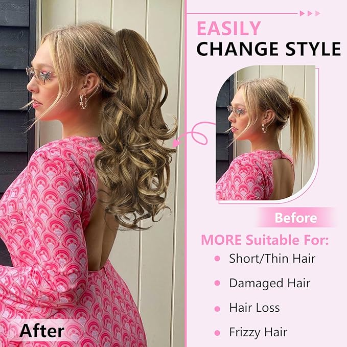 ALXNAN Ponytail Extension,18 Inch Claw Clip in Long Curly Wavy Chocolate Brown with Highlights Ponytail Hair Extension Jaw Clip on Pony Tails Hairpiece for Women