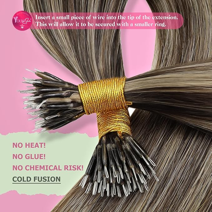 YoungSee Nano Ring Hair Extensions Dark Brown Highlights Caramel Blonde Human Hair Extensions Nano Pre Bonded Brown Add Volume for Women Lightweight Cold Fusion 22inch 50s 50g
