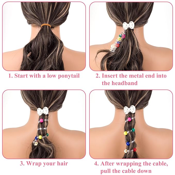 4PCS Bow Spiral Hair Ties with Colored Beads, 4 Colors Bowknot Bead Phone Cord Ponytail Holders for Women, Elegant Rubber Hair Coils, Stylish Hair Accessories for Party, Daily Use