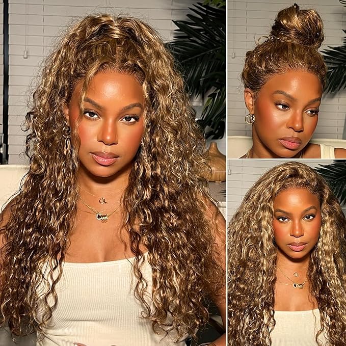 360 Deep Wave Lace Front Wigs Human Hair 220% Density Honey Blonde Deep Curly Human Hair wig Ombre Deep Wave 4/27 Highlight Lace Front Wigs Pre Plucked Wet And Wavy Water Wave Wig for Women 28 Inch