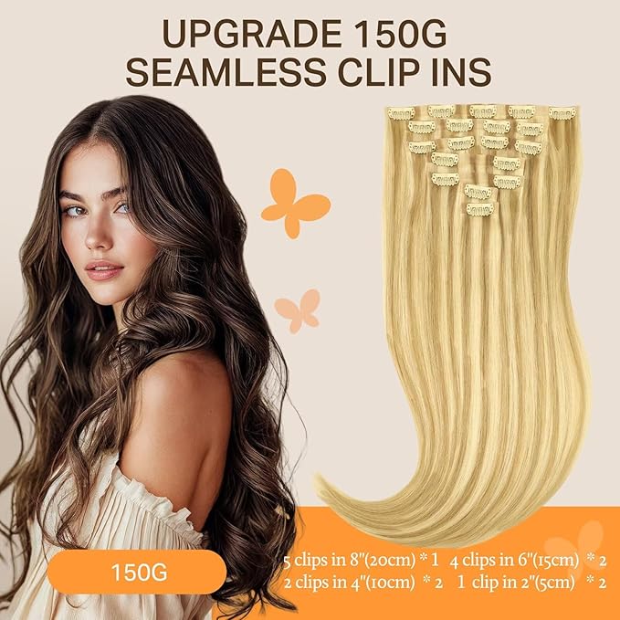 DOORES Clip in Hair Extensions Real Human Hair, DirtyBlonde Highlight Golden Blonde 130g 7pcs 16 Inch, Seamless Clip in Human Hair Extensions Natural invisible Edge Hair Extensions Straight Thick Hair