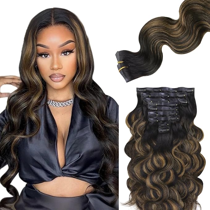 Lashey Seamless Clip in Hair Extensions Human Hair 130g 9pcs 14 Inch Body Wave Natural Black Mixed Chestnut Brown Clip in Hair Extensions for Women