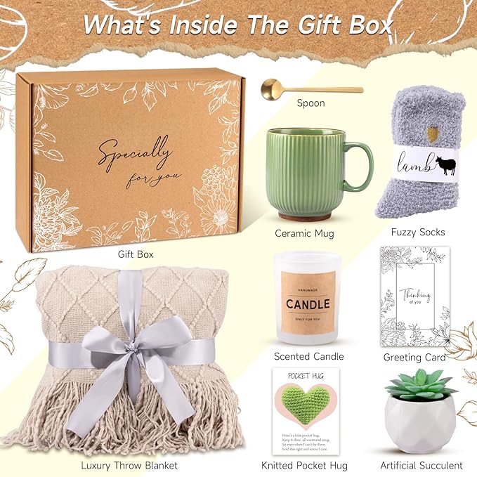 Self Care Gifts for Women, Get Well Soon Gift Baskets for Woman, Feel Better Soon After Surgery Recovery, Spa Gift Baskets, Self Care Kit for Women Gifts Set for New Mom Wife (Khaki)