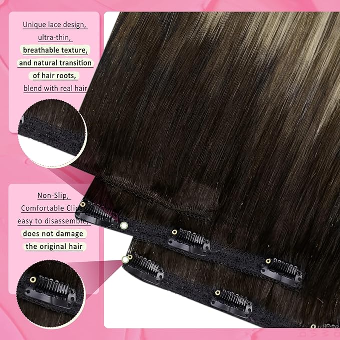 YoungSee Invisible Clip in Hair Extensions Human Hair Brown Balayage Clip on Hair Extensions Chocolate Brown with Ash Blonde Balayage Clip ins Real Human Hair Extension for Natural Look 120G 7Pcs 16In