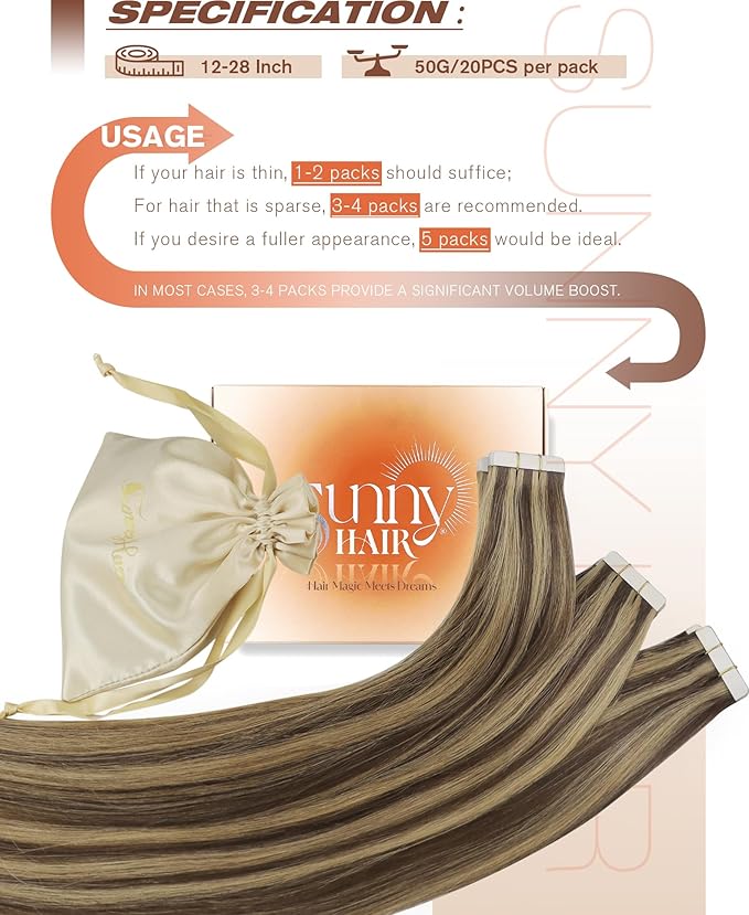 Sunny Hair Tape in Hair Extensions Real Human Hair Invisible Remy Hair Extensions Tape ins for Women Dark Brown Highlight Caramel Blonde 22 inch 20Pcs 50G