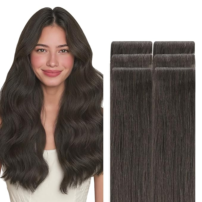 GOO GOO Invisi Edge Tape in Hair Extensions Human Hair, 1C Mocha Brown, 6pcs 14inch 15g, Virgin Remy Hair, Seamless Injected Tape, Natural Look