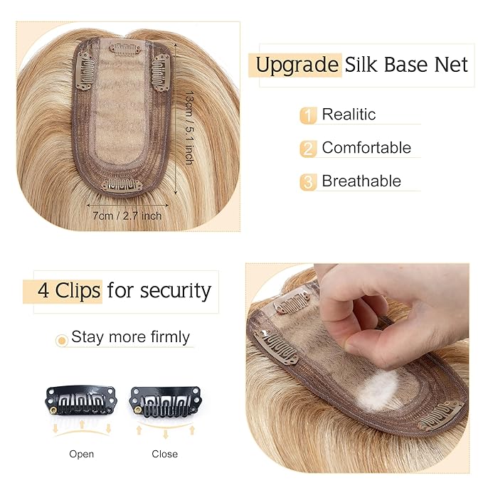 SEGO Human Hair Toppers for Women With Thinning Hair, 7 * 13CM Silk Base 100% Real Human Hair Clip in Top Wiglet Hairpieces -8 Inch No Bangs Golden Brown&Bleach Blonde